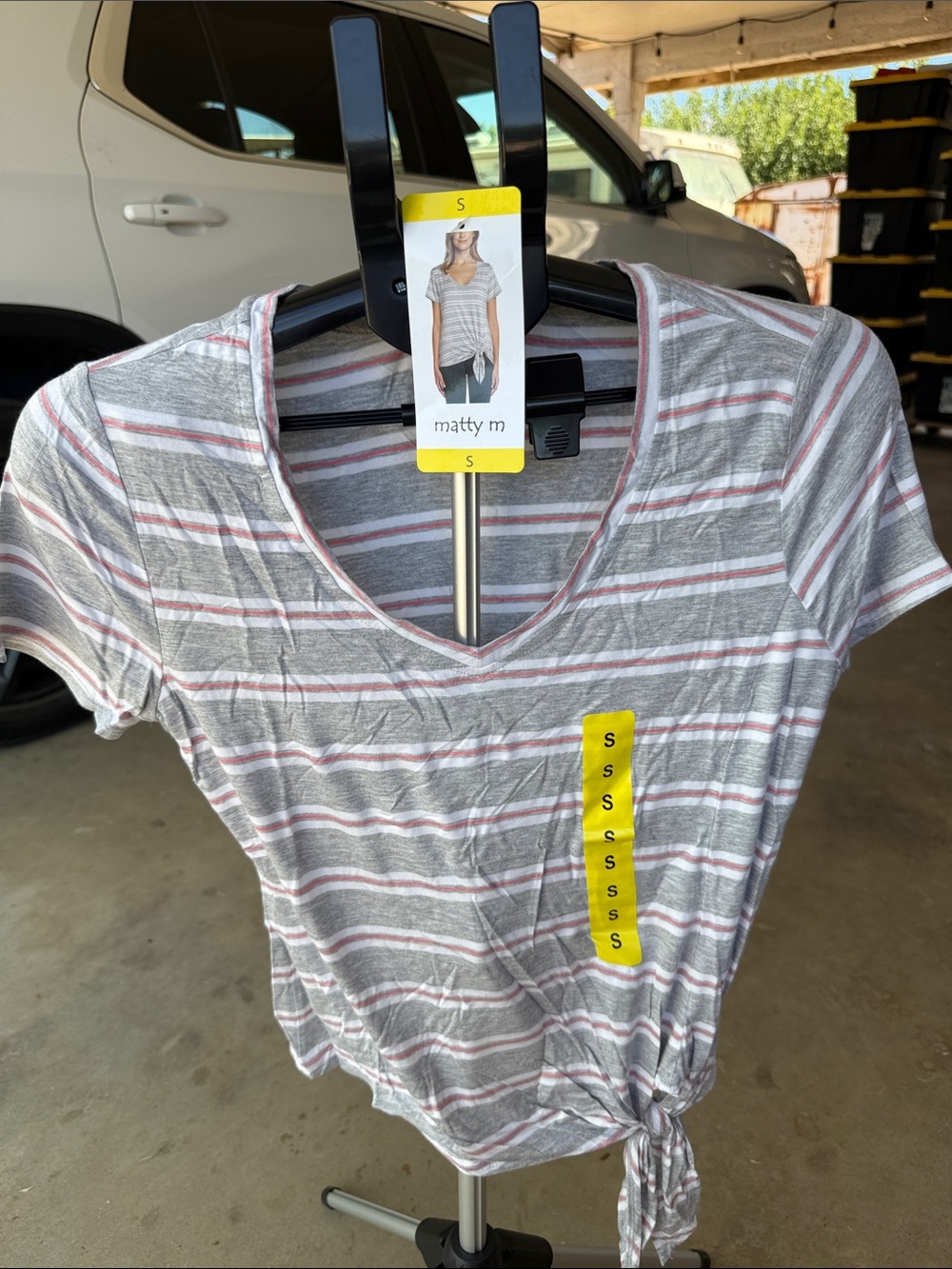 Matty M Gray, White & Pink Striped V-Neck Tie-Hem Tee